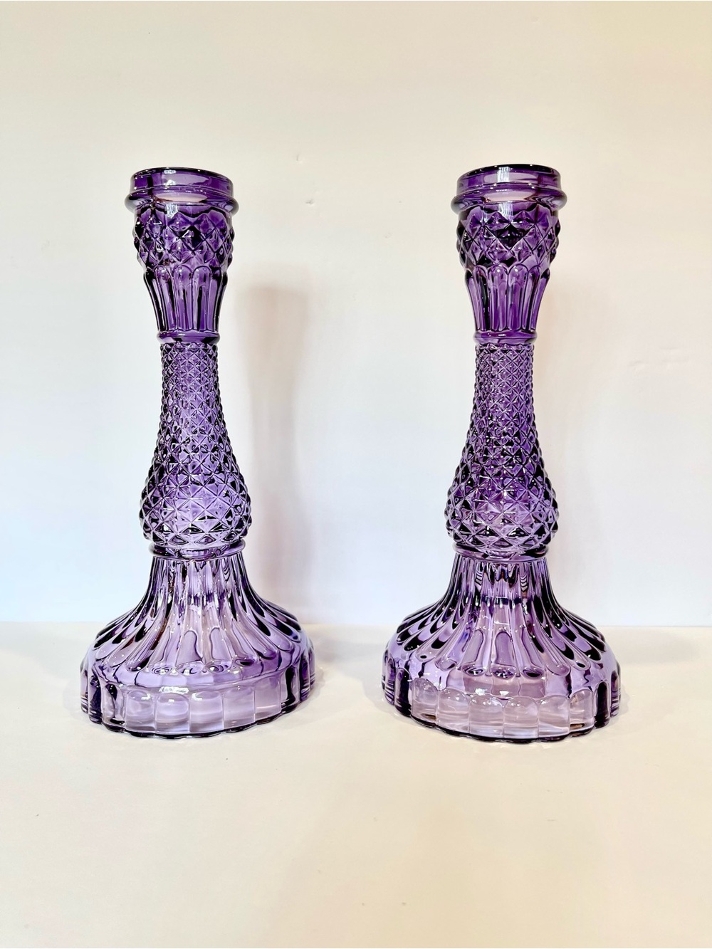 Pair of Bella Violet/Purple Glass Pillar Candle Holders - 8.5” Tall